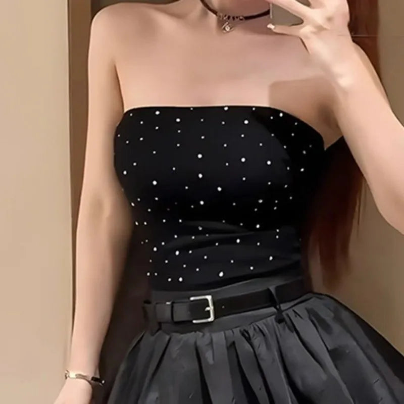 Summer Sexy Tube Top Camisole for Women Black Fashion Diamond Strapless Top 2026