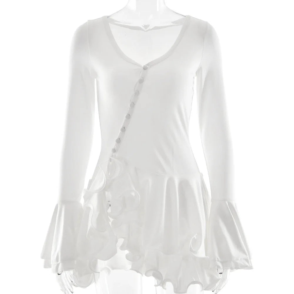 Abito corto sexy con volant patchwork bianco nero Abito corto da donna con maniche lunghe svasate con lacci Mini abiti da festa da sera Donna Blu Rosa Rosso