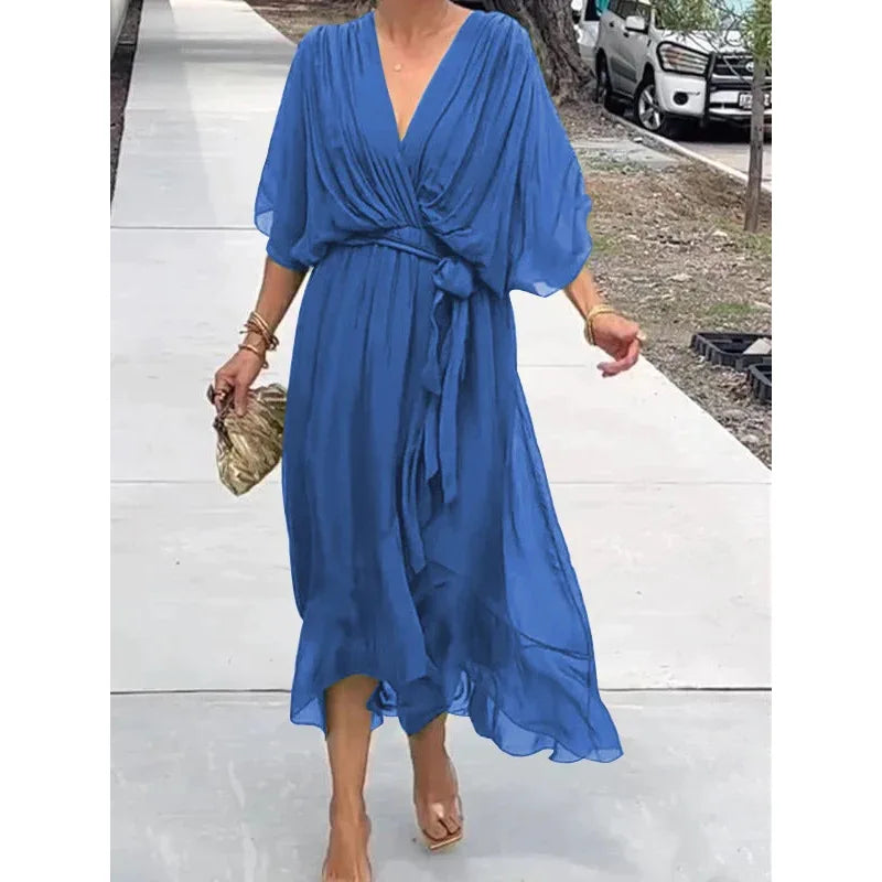 Abiti da festa eleganti in chiffon solido per le donne Sexy scollo a V maniche a pipistrello Lace Up Ruffles Abito lungo irregolare Abito casual Femme