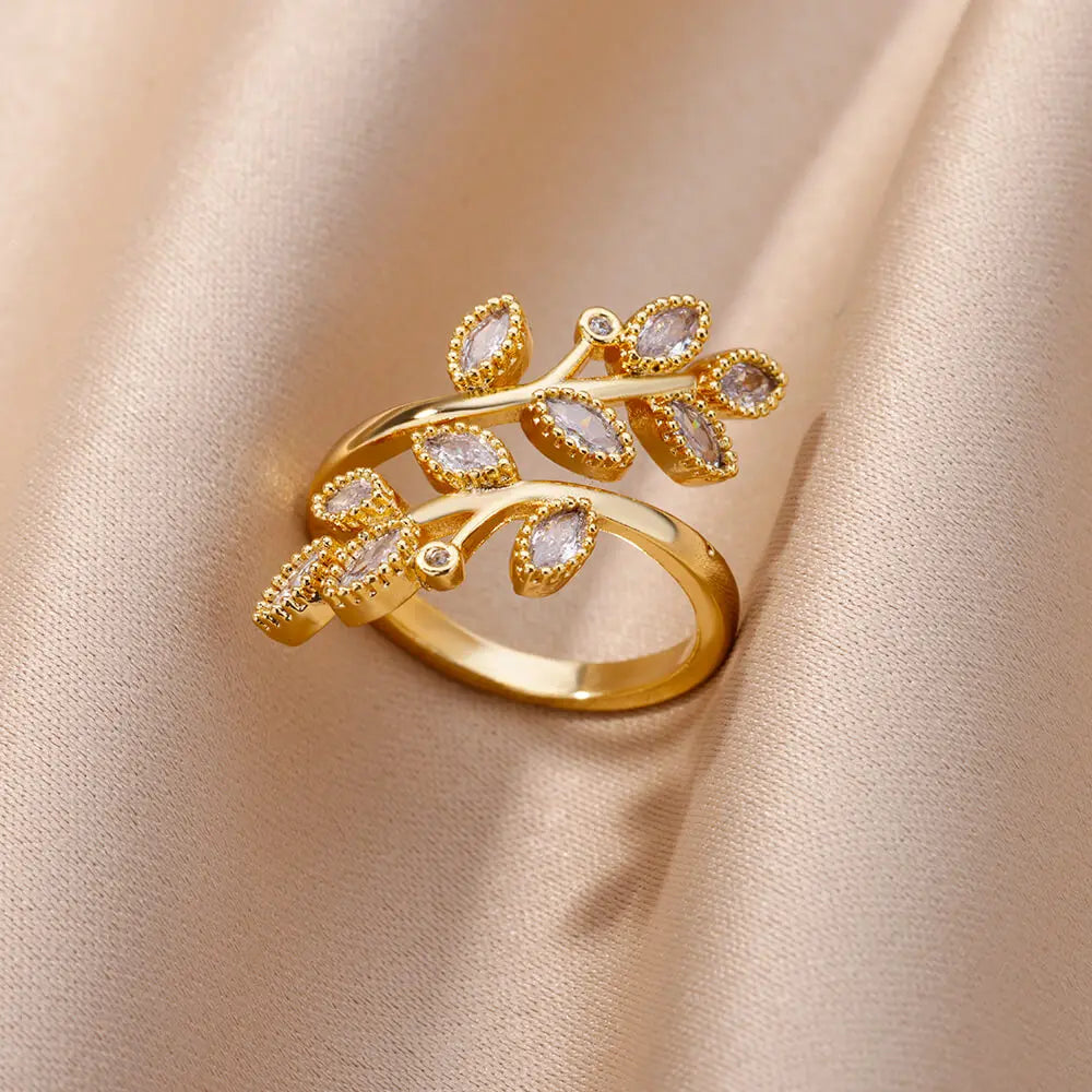 Anelli a foglia a doppio strato con zirconi di lusso per le donne Anello in acciaio inossidabile color oro Boho Coppia gioielli Accessori anelli mujer