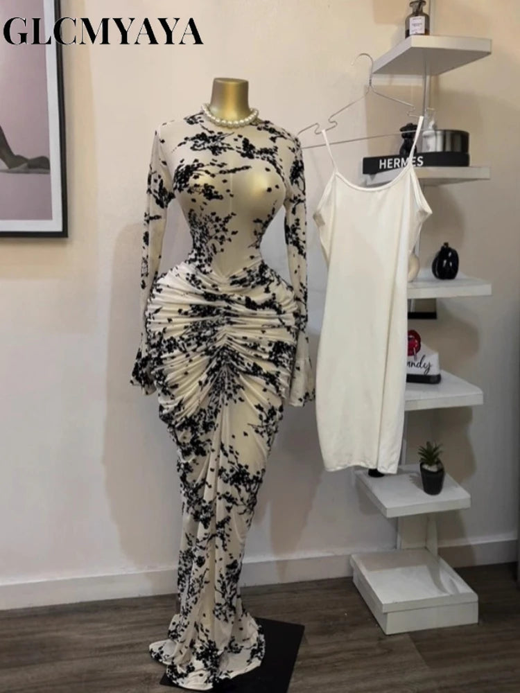 CM.YAYA 2025 Autunno Donna Manica lunga Maglia impilata Vedi anche con fodera Aderente Abito lungo da sera Compleanno Abiti da festa sexy