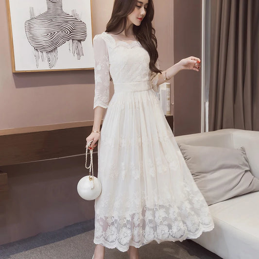 Abito femminile lungo bianco ricamo maxi compleanno manica da donna abiti in pizzo casual gioventù sensuale sexy curvy designer intero