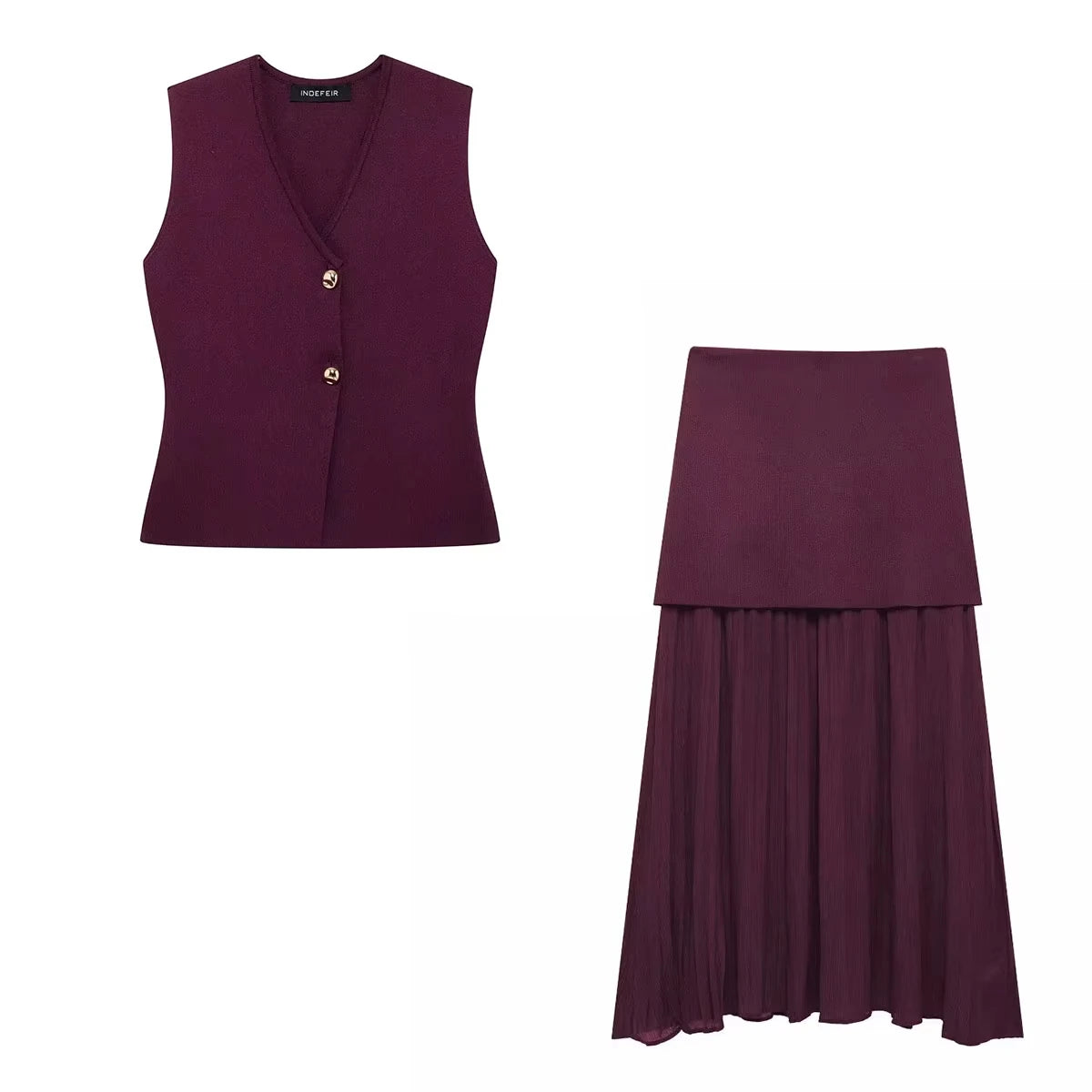 HH Set di gonne lavorate a maglia eleganti femminili 2024 Scollo a V con bottoni Canottiera + Gonna a pieghe patchwork a-line Abito solido alla moda