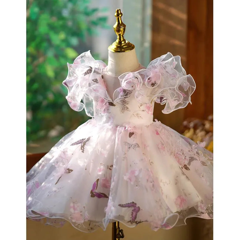 Abito da sera principessa per bambini Design con volant stampato alla moda Matrimonio Compleanno Battesimo Pasqua Eid Abiti da festa per ragazze A2598