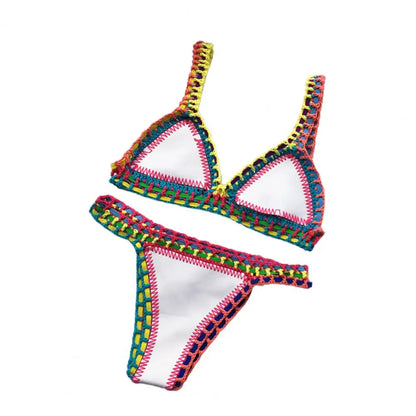 2 Pcs/Set Summer Bikini Set Bathing Suit Bright Color Patchwork Beachwear Handmade Crochet Women Swimsuit for Beach
