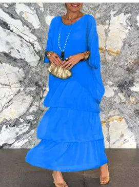 Abiti eleganti da donna in chiffon solido Primavera Autunno O-Collo Abito femminile con volant a strati Mezza manica Torta Abito lungo da vacanza al mare