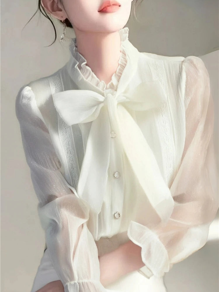 Camicie da donna in Chiffon estate 2023 camicette a maniche lunghe solide Y2k allentate con fiocco coreano nuovo Casual Blusa