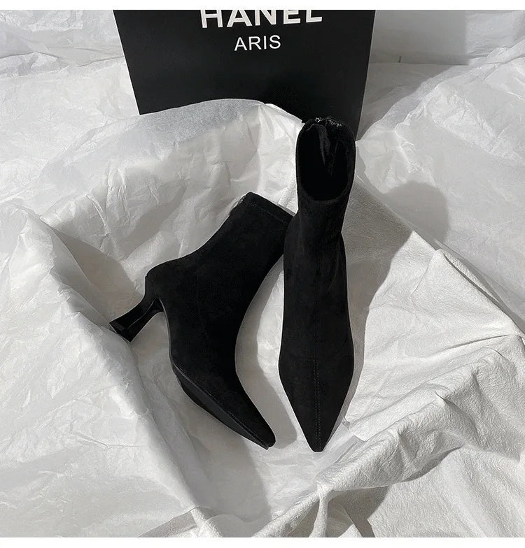 Pointed Toe Women Sock Short Boots Fashion Side Zipper  Ankle Booties Thick High Heel Autumn Winter Ladies Shoes Botas Femininas