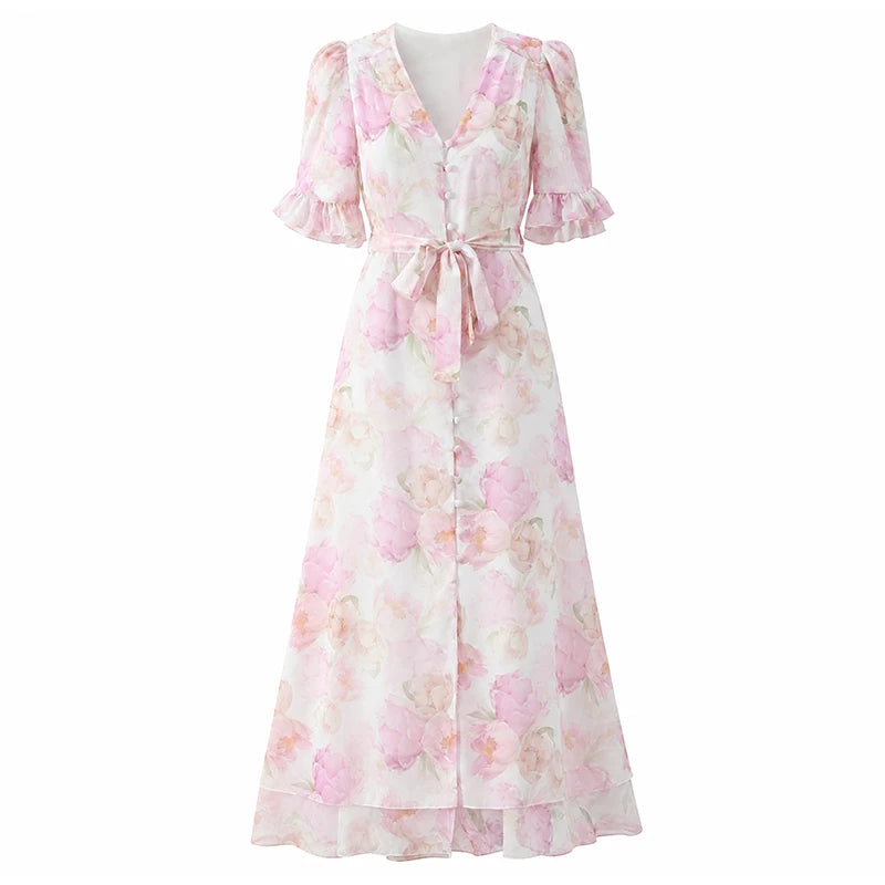 Elegante Abito Stampato con Inserti in Pizzo da Donna, Scollo a V Profondo, Mezza Manica, Vita Stretta, Spacco, Vestito Midi 2026, Abito da Festa per Donna