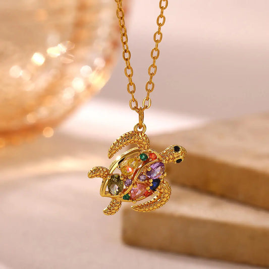 Bijoux d'été bohème plage océan breloques en acier inoxydable couleur or zirconium coloré tortue pendentif collier pour femmes cadeaux