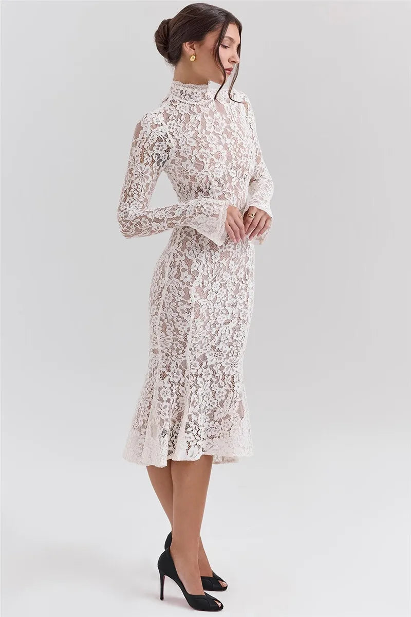 Abito longuette sexy a maniche lunghe in pizzo Mozision per donna Elegante abito lungo sexy da festa aderente a vita alta con collo a metà alto bianco
