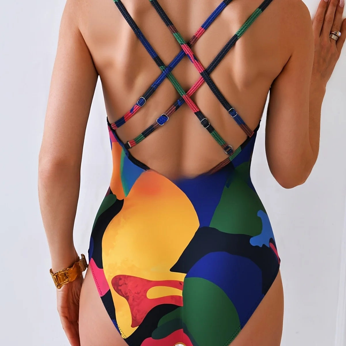 Sexy Color Block Triangle One Piece Swimsuit with Cross Back Strap for Holiday Hot Spring Swimming Suit Polyester Fabric