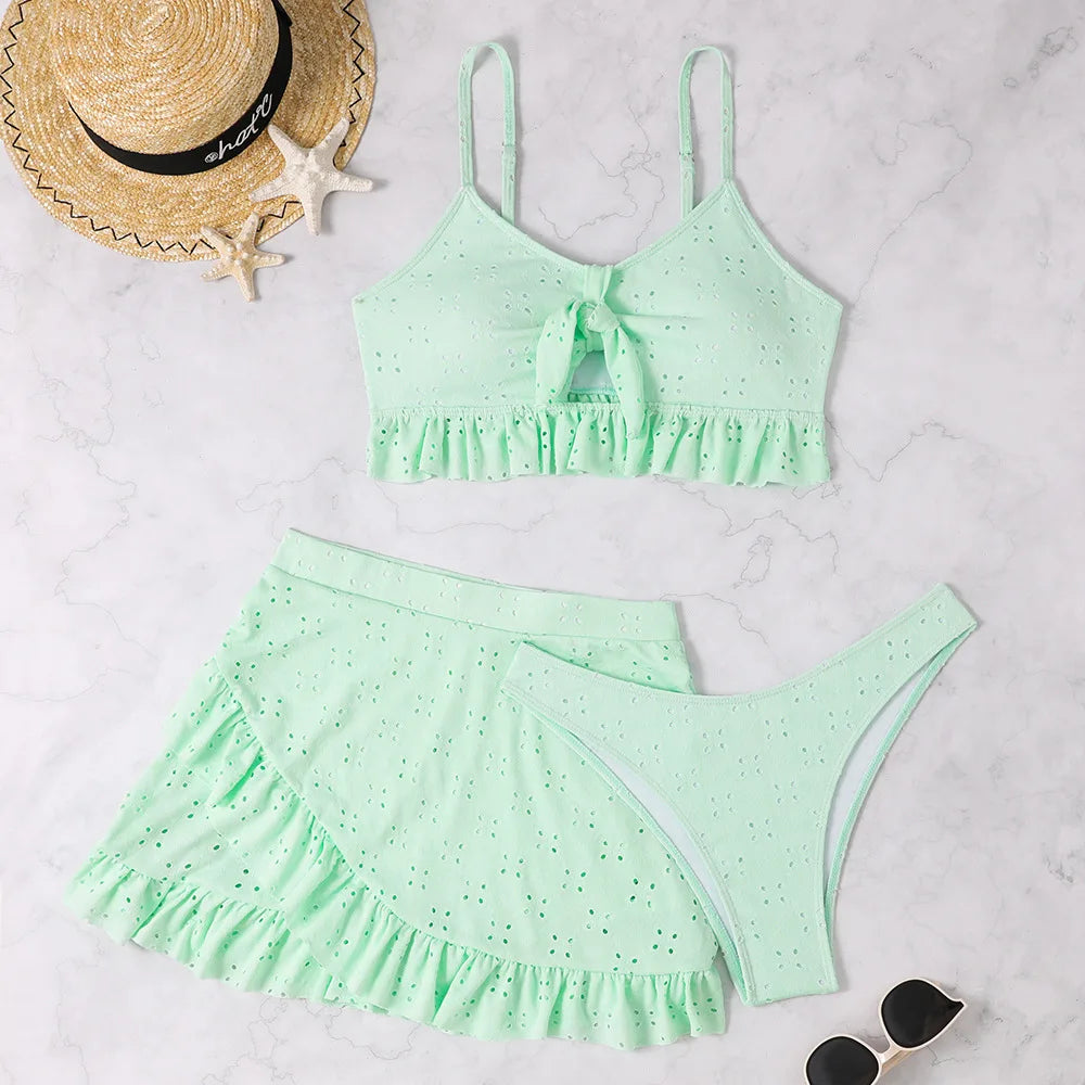 Sexy White Ruffle Bikini 2024 Women Three Pieces Swimsuit Brazilian Swimwear Female Beachwear Thong Bathing Suit Mini Biquini