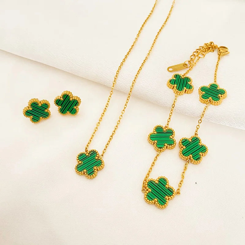 3 pezzi in acciaio inossidabile 316L di lusso fiore di pruno pianta a cinque foglie fiore collana orecchini braccialetto per le donne set di gioielli regalo