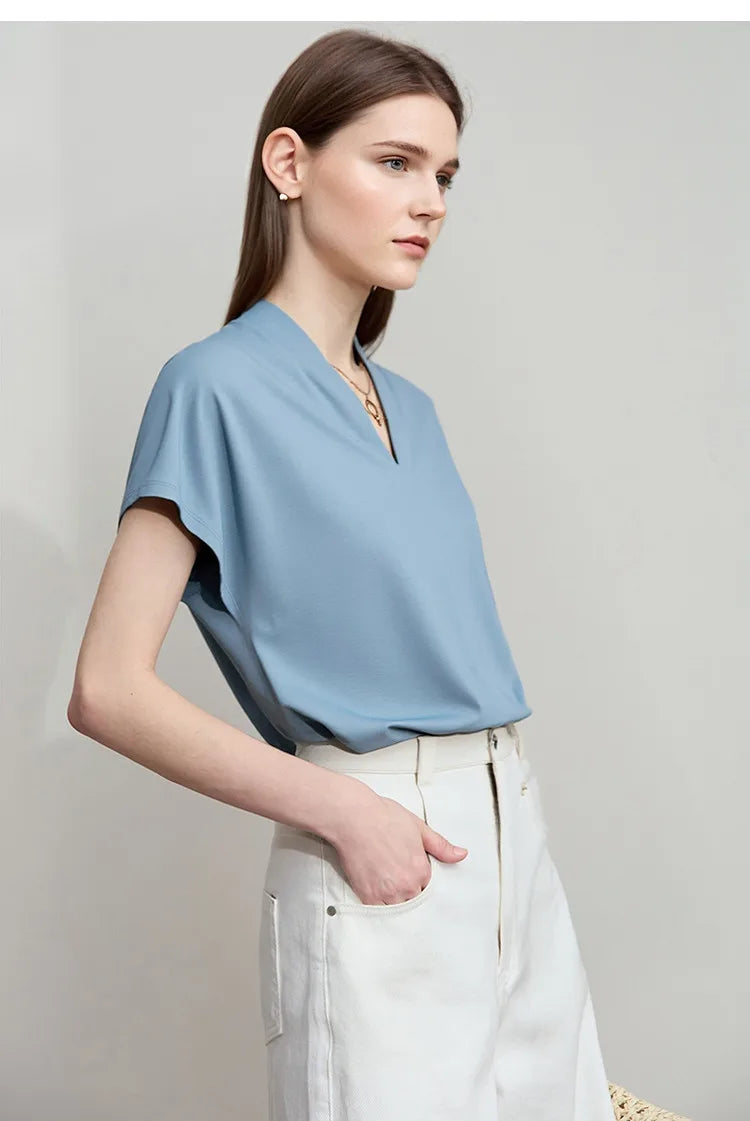 AMII Minimalism 2026 T-shirt Estiva da Donna Stile Classico Casual Scollo a V Manica Corta Tinta Unita Elasticizzata Top e Magliette Femminili 12312013