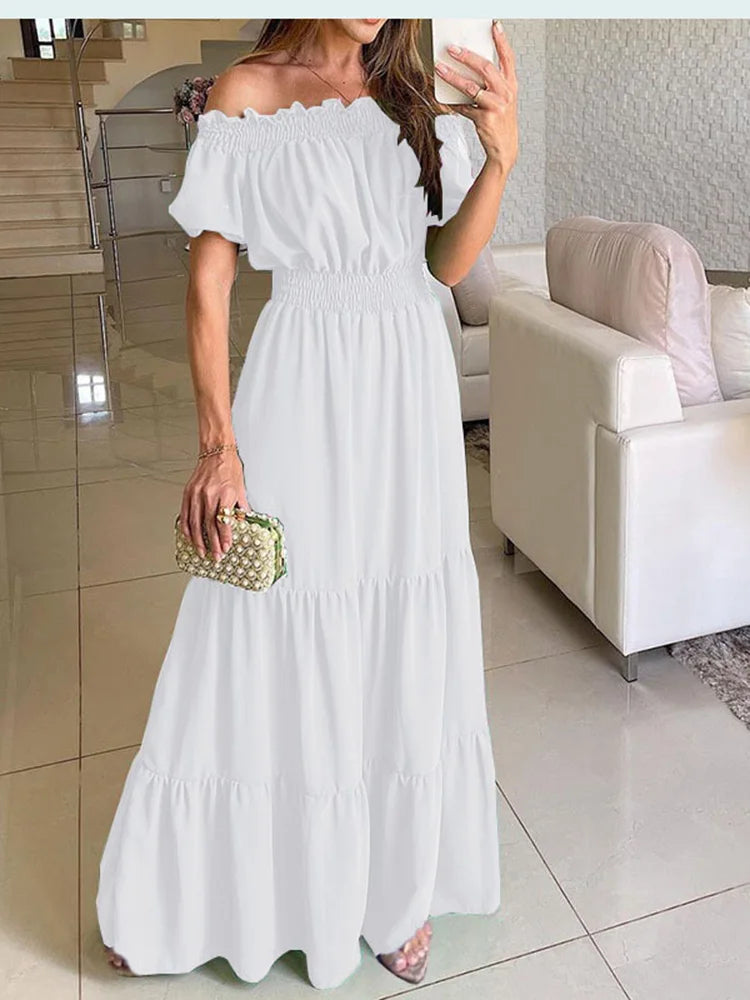 2025 Abito estivo Boho solido Moda donna Elegante abito da festa in spiaggia Casual Slash Neck Office Maxi abiti per donna Robe Femme