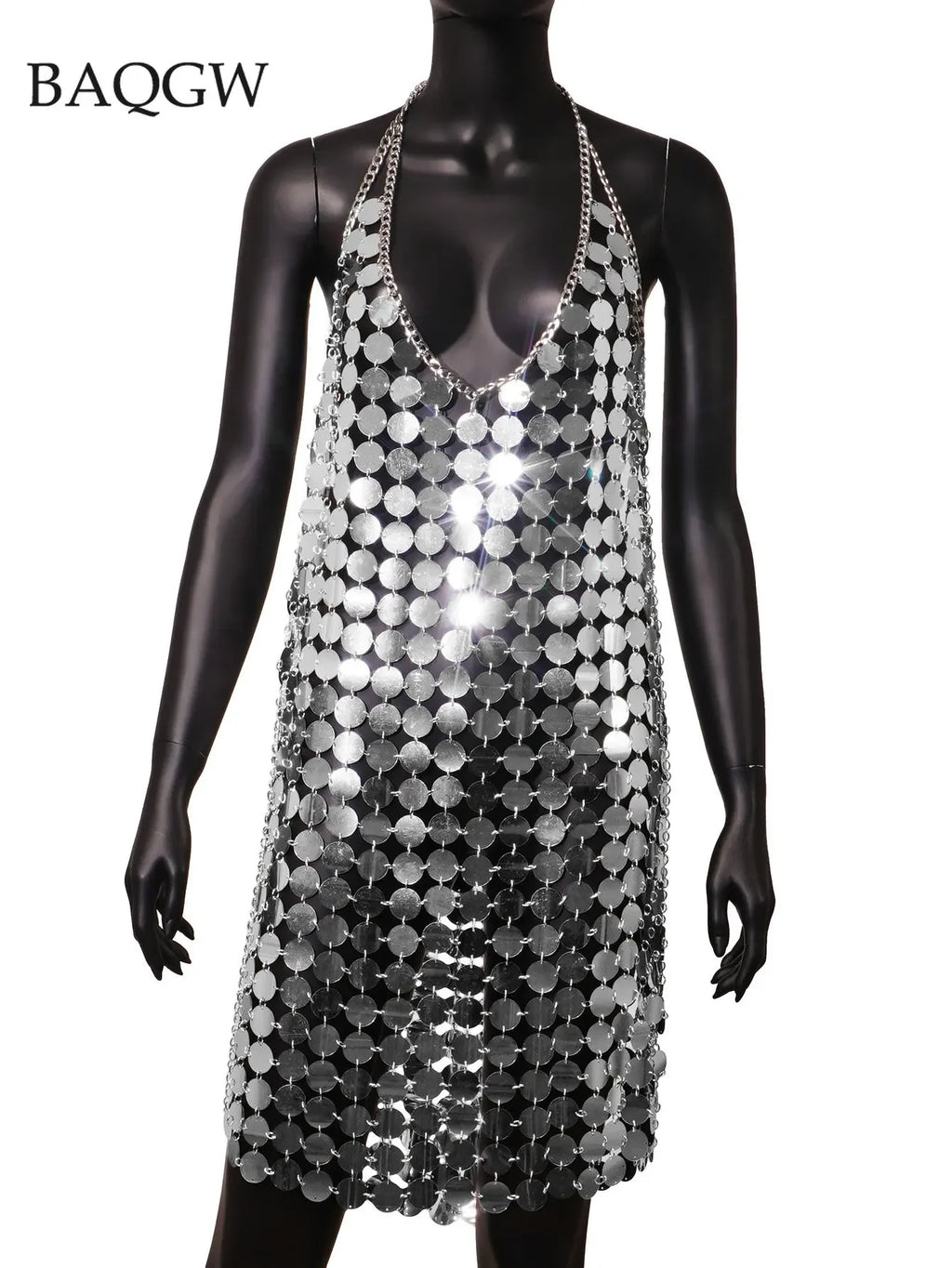 Mini abiti da donna alla moda senza maniche sexy senza schienale glitterato nero oro cotta di maglia con paillettes patchwork abito Diana Silver Disc