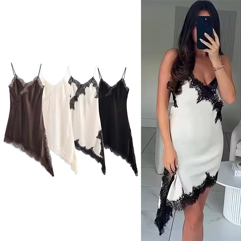 Abito da donna sexy con scollo a V in pizzo, elegante, con collo all'americana e orlo asimmetrico, nuova moda estate 2026, per feste e spiaggia