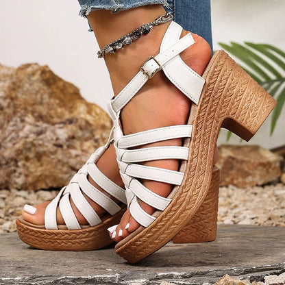 Cinturini in tessuto moda Sandali con tacco grosso Donna Estate Fibbia alla caviglia Scarpe con tacco alto Roma Donna Sandali con plateau open toe 36-42