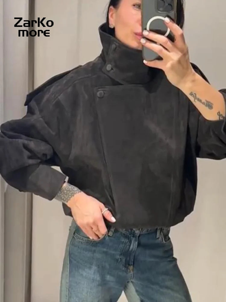 Giacca bomber da donna in camoscio grigio scuro, con colletto alla coreana, maniche lunghe, oversize, asimmetrica, stile street, giacche da donna autunno 2026