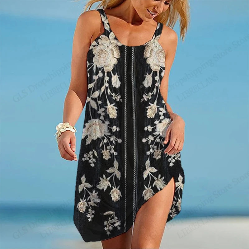 Abito da donna con cinturino da spiaggia elegante estivo senza maniche sexy bohémien con stampa floreale abito da sera per feste vestito estivo stile vintage