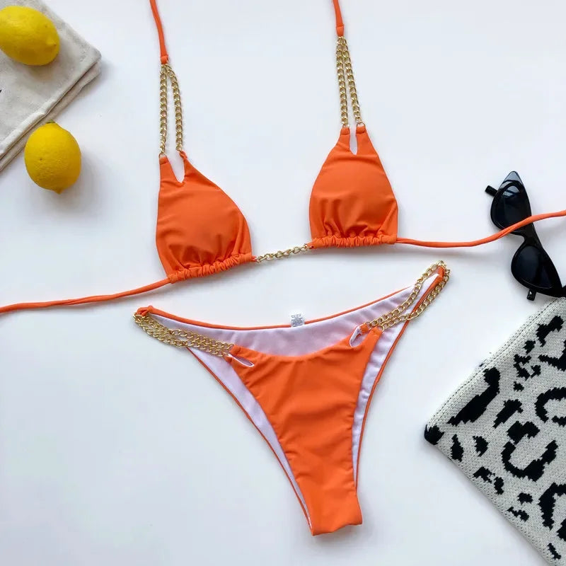 Micro Bikini Sexy 2026 Nero Solido con Reggiseno Push-Up e Cinghie Metalliche, Costume da Bagno Brasiliano, Perizoma, Biquini