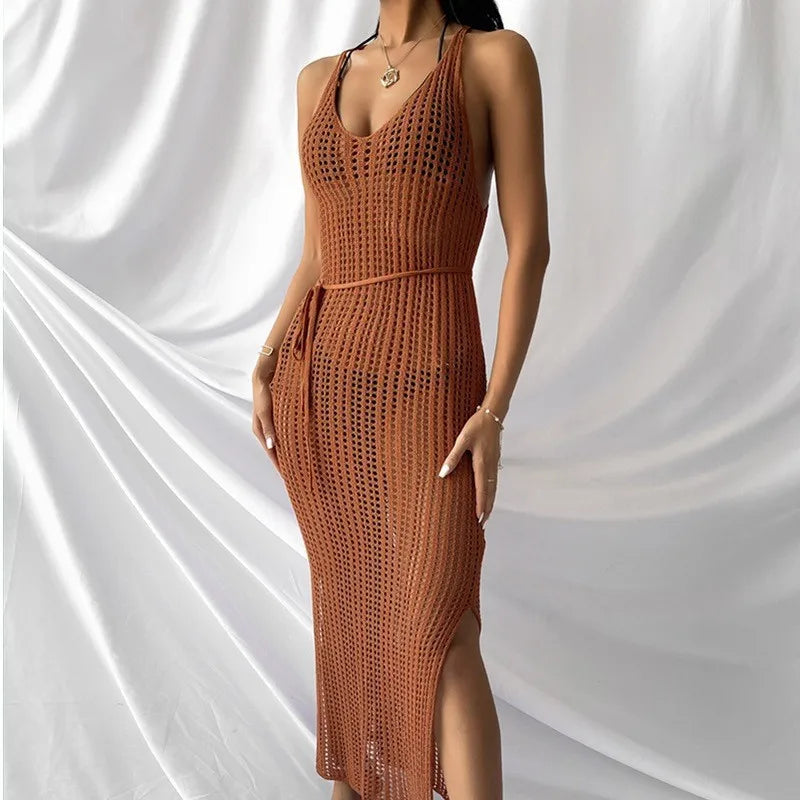New Women's Sexy Knitted Midi Dresses Summer Elegant Beachwear Hollow Out Fishnet Bikini Cover-ups Vacation Long Dress for Girls