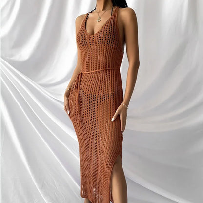 New Women's Sexy Knitted Midi Dresses Summer Elegant Beachwear Hollow Out Fishnet Bikini Cover-ups Vacation Long Dress for Girls