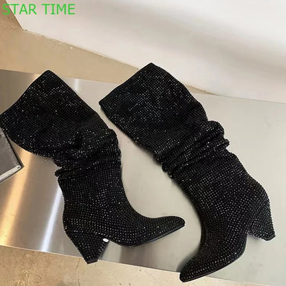 Pointed Toe Rhinestone Bling Long Boots 2024 New Casual Catwalk Thick Heel Boots Black/silver Fashion Women Knee-High Boots