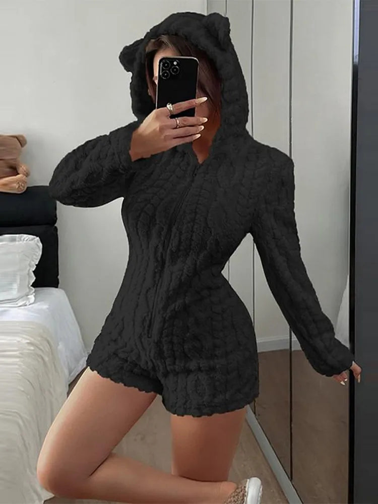 Tuta Corta Calda con Motivo Orsetto Cartoon Trendy, in Peluche e Flanella con Cappuccio, per Donna, Nuova Collezione Autunno Inverno, Outfit Comodo