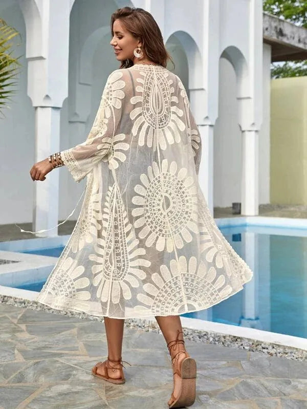 WeHello Summer Beach Poncho in rete per donna Costume da bagno in pizzo Kimono aperto Beachwear Camicetta in pizzo Cardigan Vacanza Copertine sexy