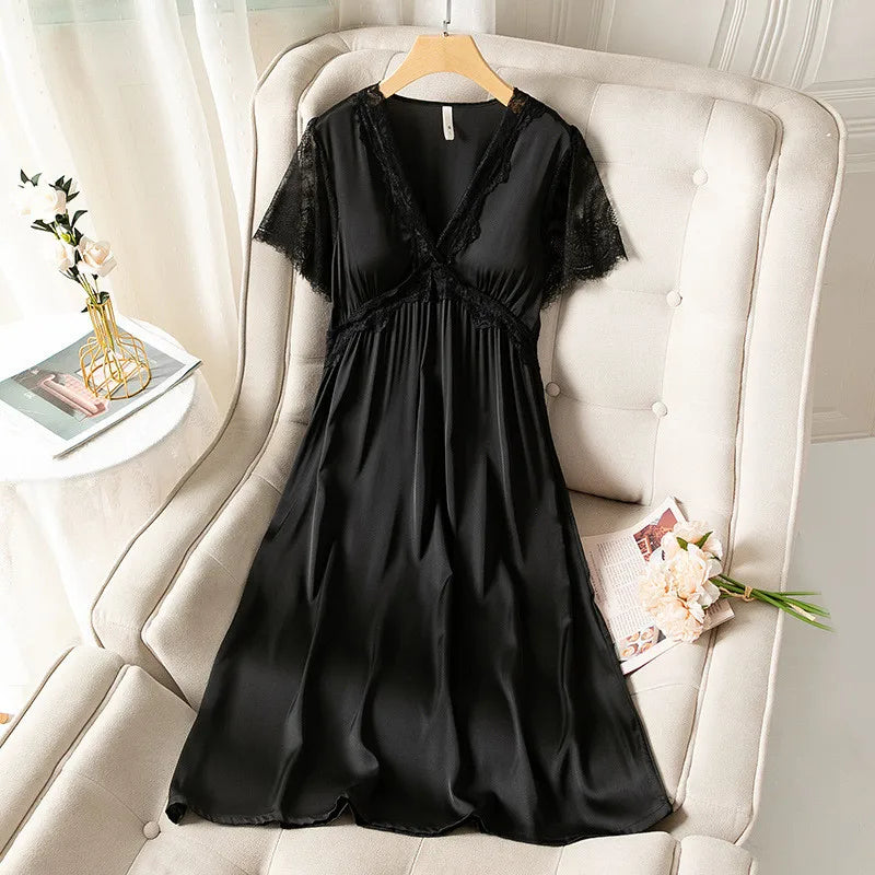 Fdfklak camicia da notte estiva da donna a maniche corte sottile in raso di seta Sexy nuova camicia da notte da notte da notte da donna in pizzo principessa