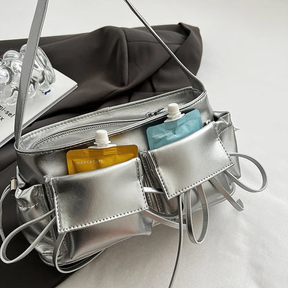 LEFTSIDE Borse a tracolla in pelle PU con design a doppia tasca per donna 2025 Borsa a tracolla di nuova tendenza della moda Borse da donna in argento