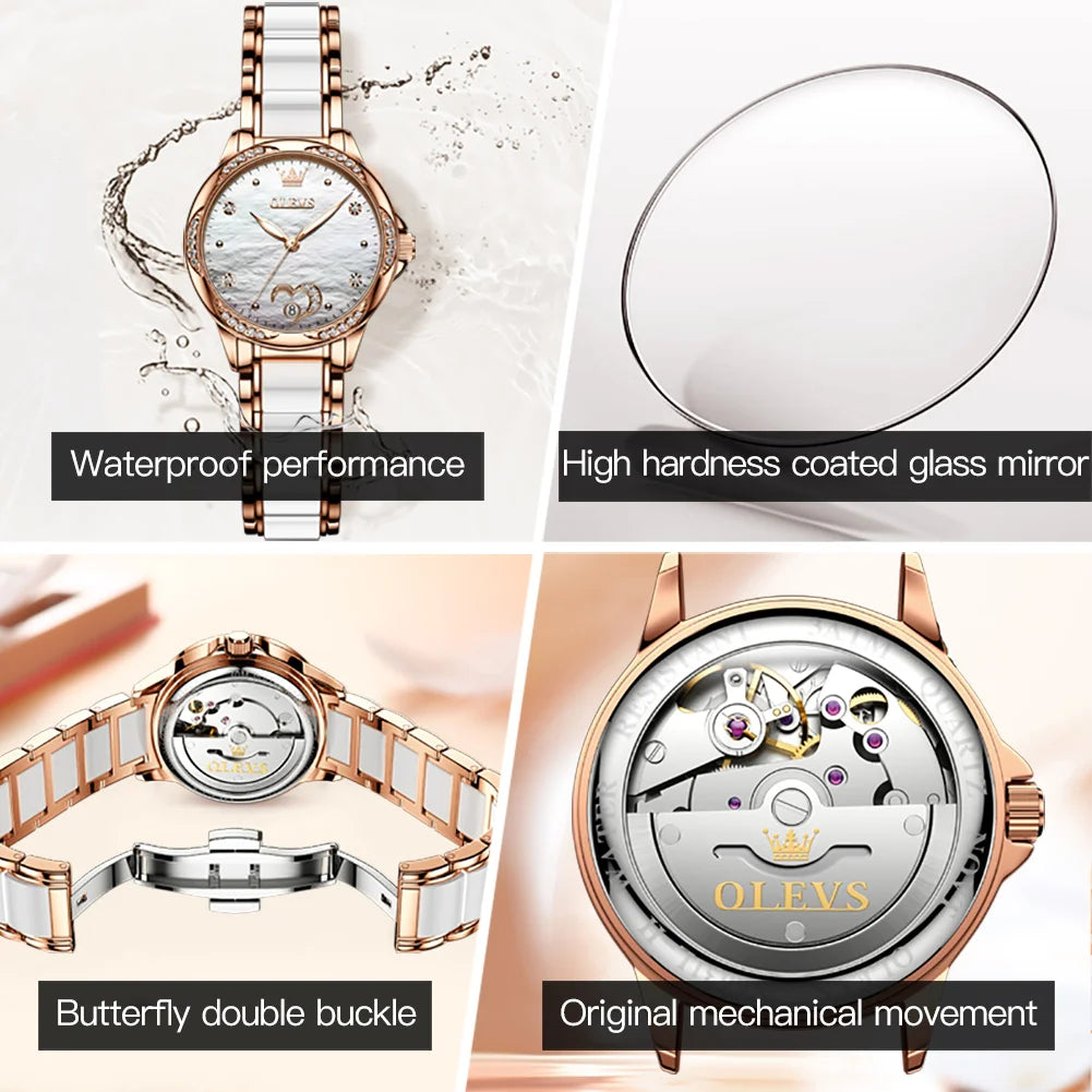 OLEVS 6631 Orologi automatici da donna Eleganti orologi da polso meccanici da donna impermeabili con cinturino in ceramica color oro rosa e lunetta con diamanti