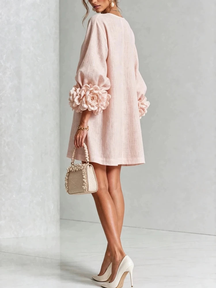 Abito Mini in Lino da Donna con Scollo a O, Maniche Lunghe a Sbuffo, Polsini Decorati con Fiori 3D, Bottoni a Fiore, Vestito Corto Casual e Ampio per Feste e Vacanze