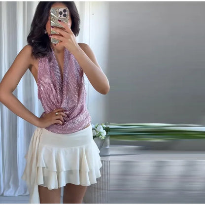 Abito da festa in pelle con ritaglio sexy Guaina senza maniche Lunghezza pavimento Scava fuori Bustier Abito aderente Abiti da sera con cerniera divisa sul retro