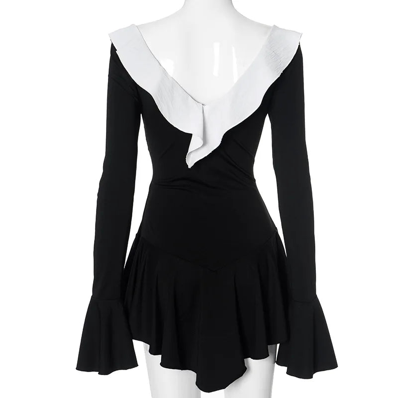Abito corto sexy con volant patchwork bianco nero Abito corto da donna con maniche lunghe svasate con lacci Mini abiti da festa da sera Donna Blu Rosa Rosso