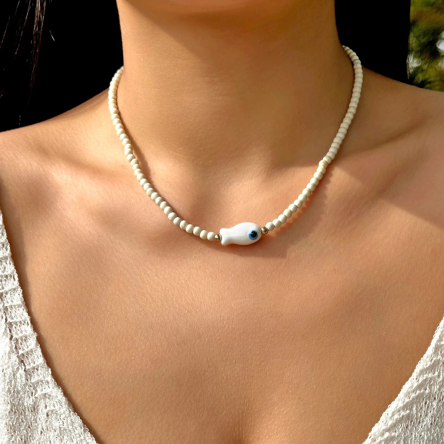 Collana con ciondolo stella marina con perline di riso bohémien per donna, fatta a mano, perla d'imitazione, girocollo con perline colorate, gioielli da spiaggia estiva