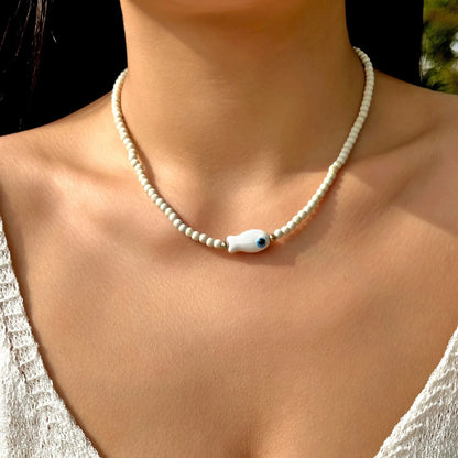 Collana con ciondolo stella marina con perline di riso bohémien per donna, fatta a mano, perla d'imitazione, girocollo con perline colorate, gioielli da spiaggia estiva