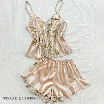 Plus Size 3XL 4XL 5XL Pigiama 2 pezzi Set cinturino sexy Top e pantaloncini Pigiama Completo Lingerie Estate Indumenti da notte in raso Stampa fiore Homewear