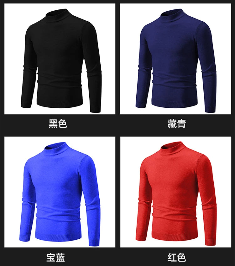 Autunno nuovo maglione da uomo mezzo collo alto basic tinta unita casual versatile girocollo lavorato a maglia con maglione elastico slim fit all'interno