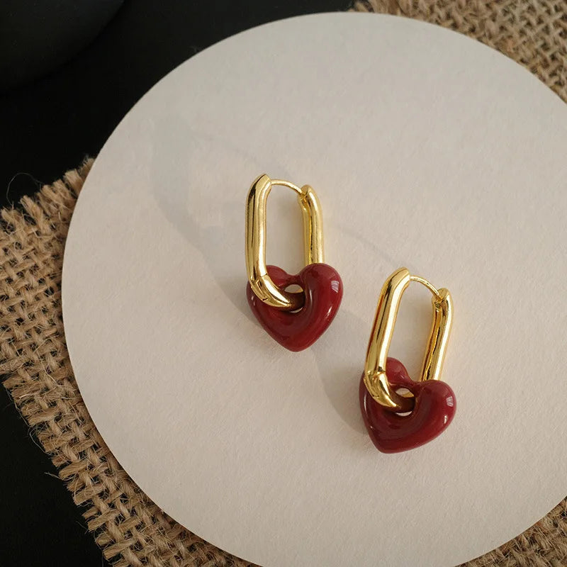 Orecchini a Cuore Rosso Carini per Donne e Ragazze, Orecchini a Cerchio Semplici e Lisci, Orecchini Geometrici alla Moda, Gioielli Rotondi per Feste