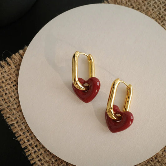 Orecchini a Cuore Rosso Carini per Donne e Ragazze, Orecchini a Cerchio Semplici e Lisci, Orecchini Geometrici alla Moda, Gioielli Rotondi per Feste