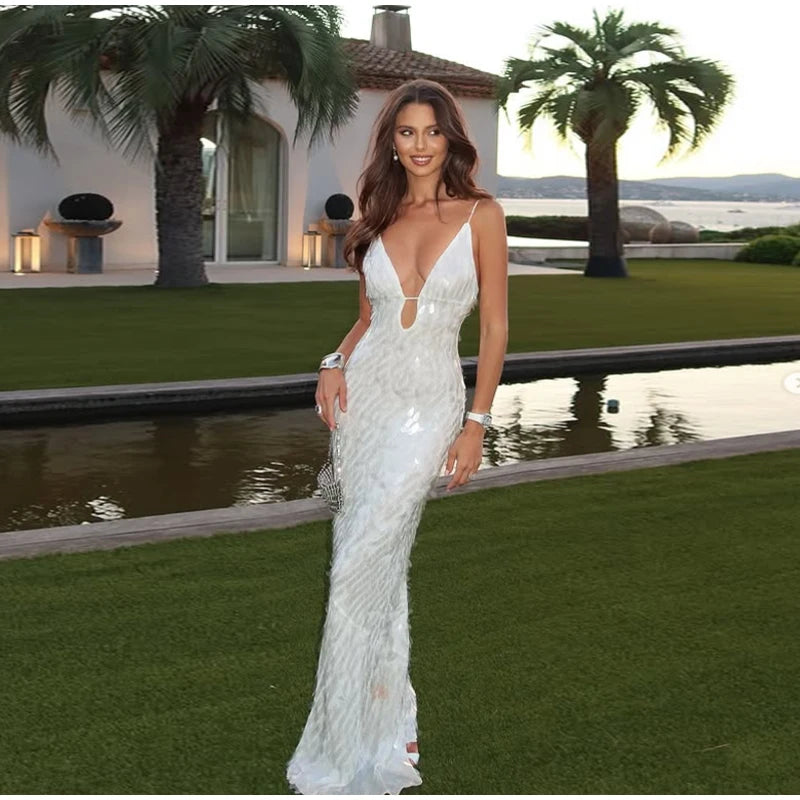 Abito lungo da donna con paillettes Abito lungo con scollo a V Solido Backless Vita alta Abiti senza maniche 2025 Moda Nuova estate Lady Party Robes