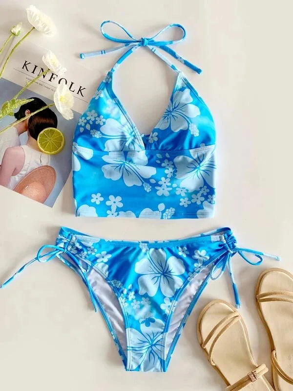 Costume da bagno sexy con stampa floreale gialla Set da donna Halter Push Up Crop Top Costume da bagno 2025 Costume da bagno da spiaggia con lacci Costumi da bagno a vita alta