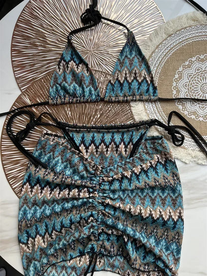 Costume da bagno donna Gonna bikini lavorata a maglia con foglie d'acero colorate Set tre pezzi Costume da bagno diviso Bikini