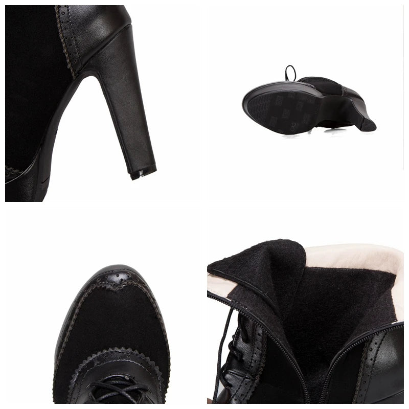 REAVE CAT Ankle Boots Lace Up Flock Platforms Round Toe Block Heel Short Plush Black Yellow Grey A4506