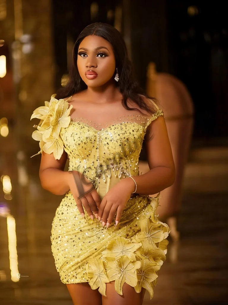 Caroline Bling Paillettes Abiti da ballo per le donne Pieghettato Fiori 3D Dubai Abito da sera formale Vestido De Formatura Personalizzato