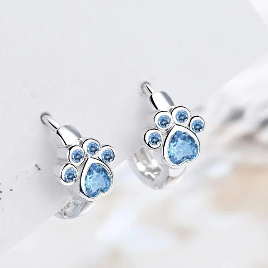 Orecchini a cerchio con zampa di gatto color argento Orecchini a cerchio con pietra di cristallo rotonda a forma di cuore azzurro Orecchini per ragazze carine Cerchi per feste con zirconi blu
