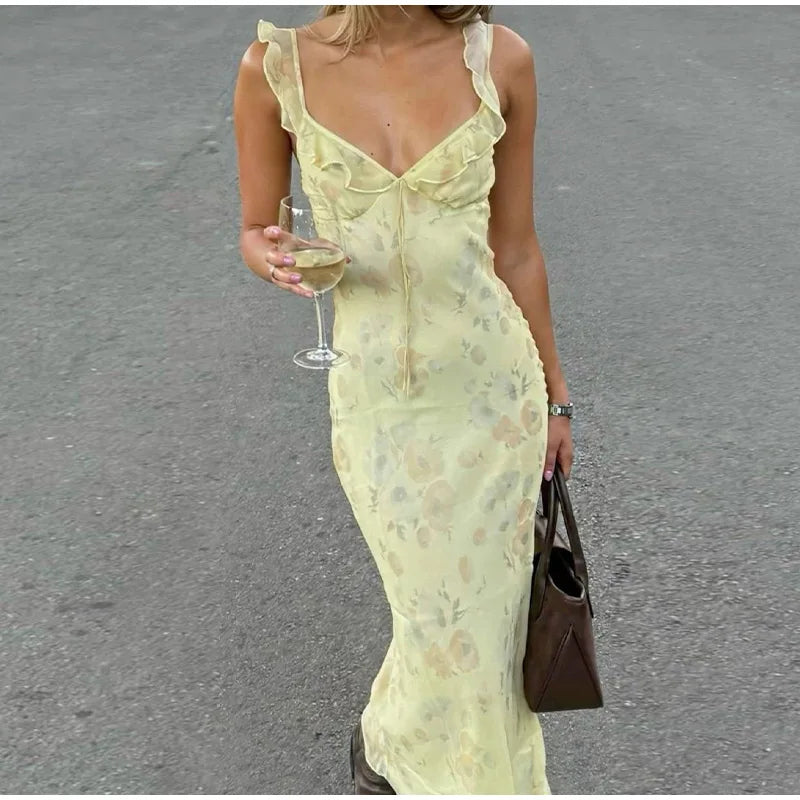Abito da spiaggia con volant con stampa floreale Abito da donna elegante senza maniche senza schienale scollato con lacci Abiti lunghi 2025 Abito estivo da donna nuova